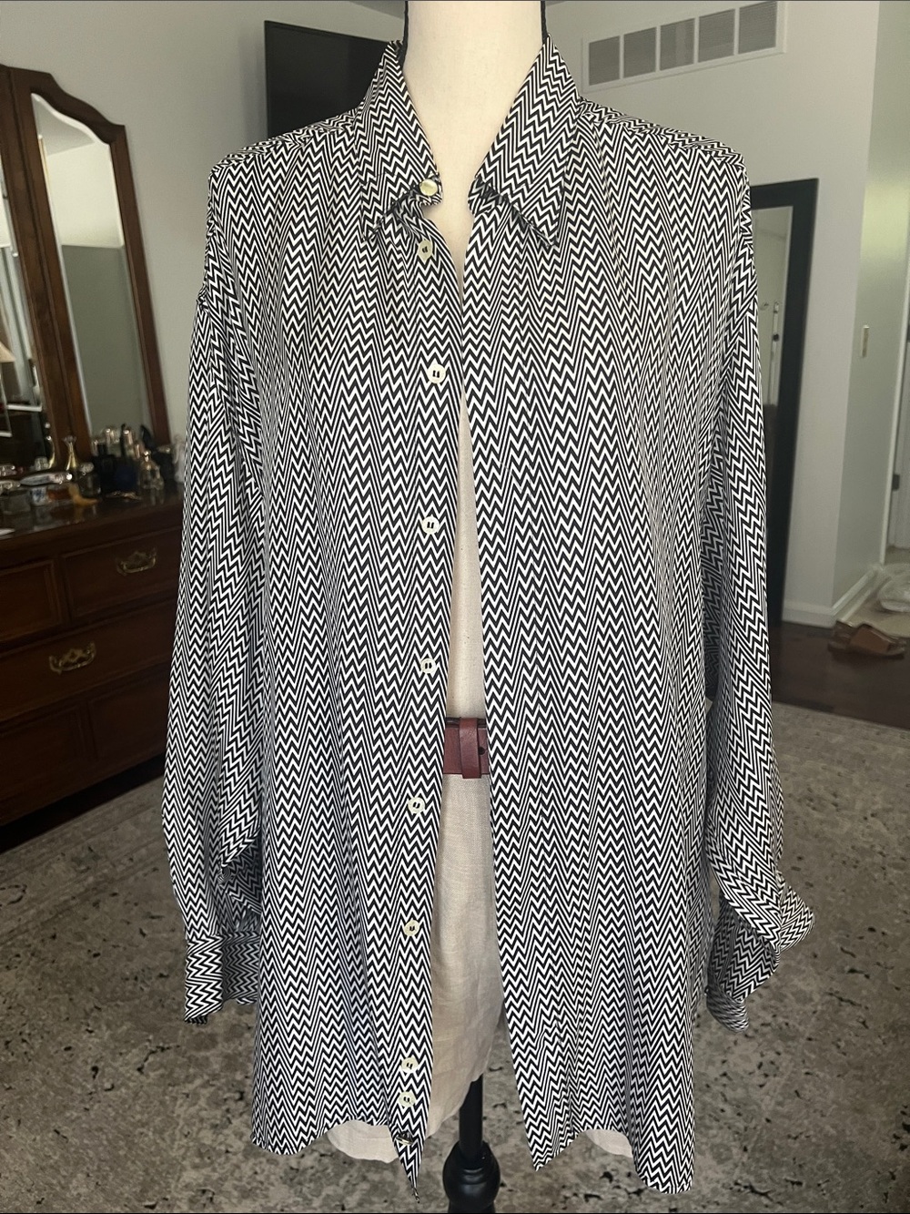Versace Black and White Chevron Button-Down Shirt